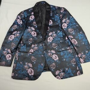 Kilburne Finch Formal Black Floral Blazer Blue Dusty Rose  Satin Lapel 48 R